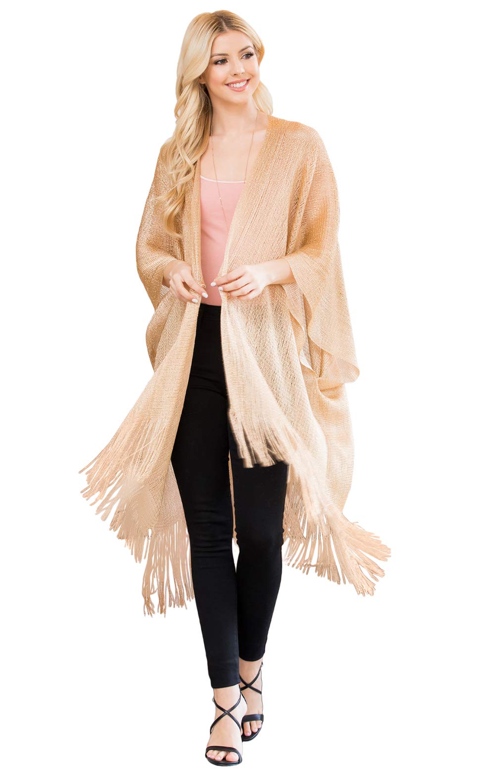 RIAH FASHION Bohemian Sequin Glitter Shawl Wrap Poncho - Kimono Cardigan, Sparkly Metallic Mesh Scarf, Open Knit Crochet