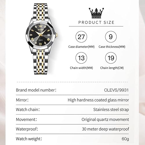 Miniatura 6 de OLEVS Reloj de pulsera para mujer, pequeño reloj de pulsera de acero inoxidable para mujer, reloj analógico de cuarzo para mujer