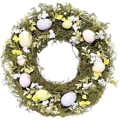 KAISAN Easter Wreath,35cm Spring Easter Wreath for Front Door, Home Easter Decorations,Artificial Easter Wreath with Mixed Flowers, Twigs and Pastel Eggs for Outdoor Wall Decor Wall Hanging Ornament Cover