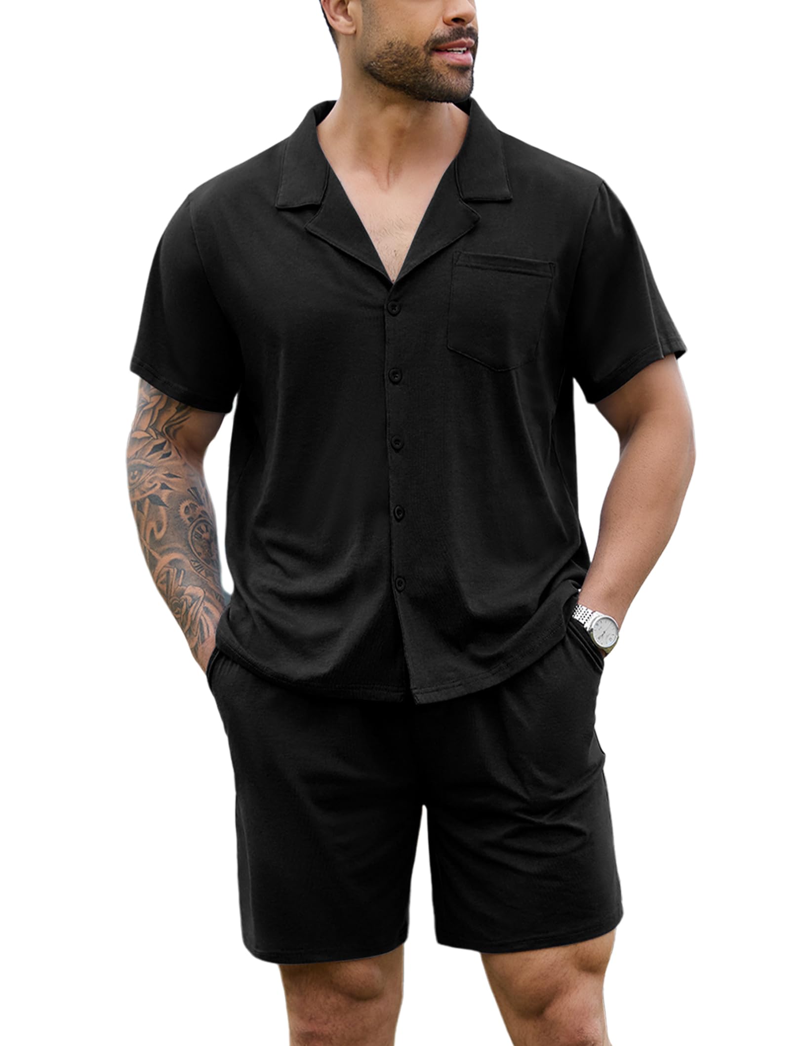 marvmys Men Pajama Set Cotton Sleepwear Short Sleeve Button Down Pajamas Loungewear 2 Piece Pj Set with Pockets S-2XL-picture-20