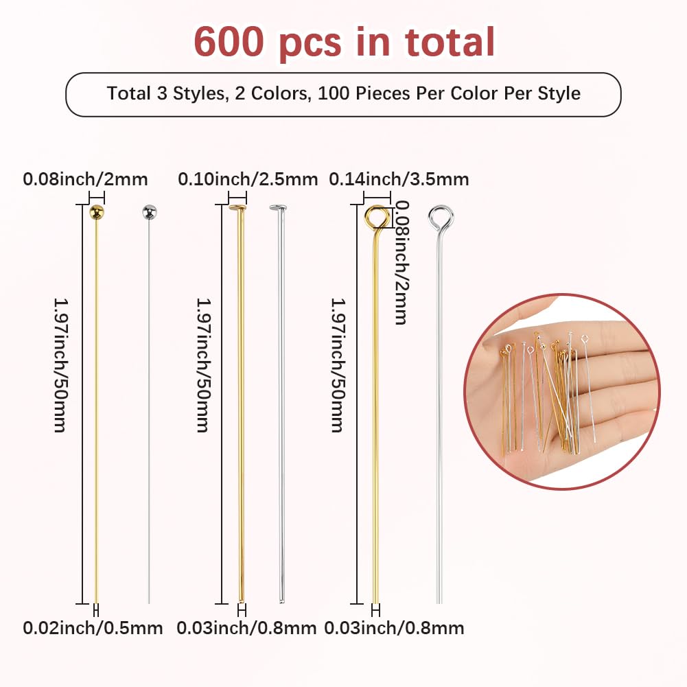 SOFPLATE 1 Box 600Pcs 6 Styles Silver Flat Head Pins Craft Jewelry Pins 5cm Brass Gold Eye Small Round Ball Headpins Findings Accessories for Jewelry Making Earring Charm Bracelet Supplies DIY Craft
