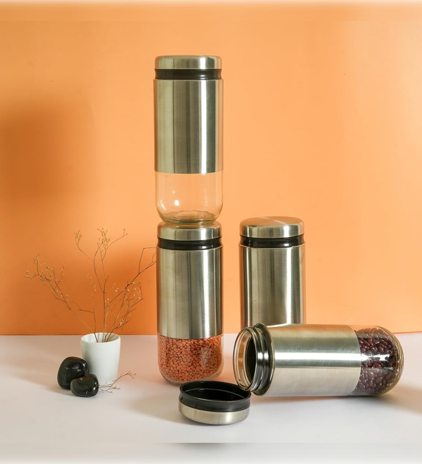 Femora Cylindrical See-Through Glass Jars with Stainless Steel Body | Airtight Storage for Snacks, Fried Food, Masala, Spices & Cookies | 900 ML | Set of 4 | 1-Year Warranty