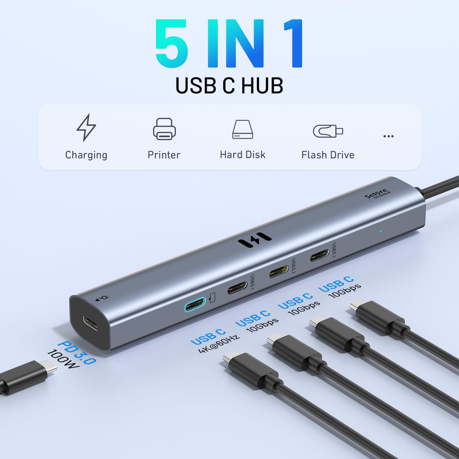 Hub vidéo USB C Type C 10 Gbps 5 en 1 Adaptateur USB C avec écran Vidéo 4K @ 60 Hz et Données 10 Gbps, 3 Ports de Données Type C 3.1 Gen2, 100 W PD pour MacBook Pro/Air M2 M1, Dell, HP
