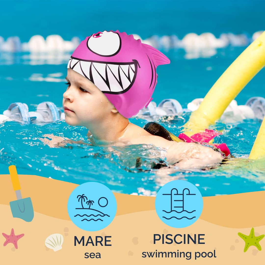kina - Cuffia da Nuoto Bambini per Piscina, in Silicone, Ipoallergenica, Elastica e Soffice al tatto per Capelli corti e lunghi