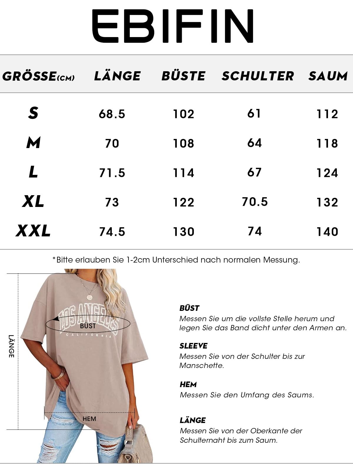 Ebifin Los Angeles koszulka oversize, damska koszulka w stylu vintage, z krótkim rękawem, okrągły dekolt, luźna, basic, na lato.