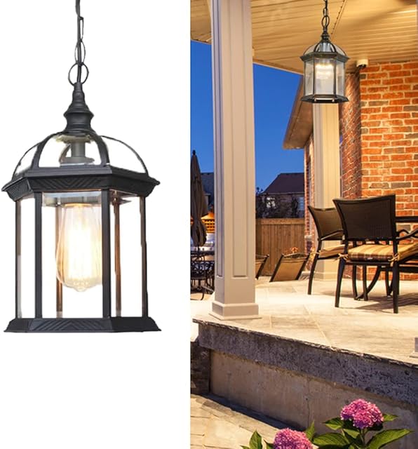 Vintage Outdoor Ceiling Pendant Lights, IP65 Waterproof Hanging Lantern Light, Retro Pendant Lamp Shade, Glass Aluminum Outside Lights for Patio Garden Porch Balcony E27 Without Bulb
