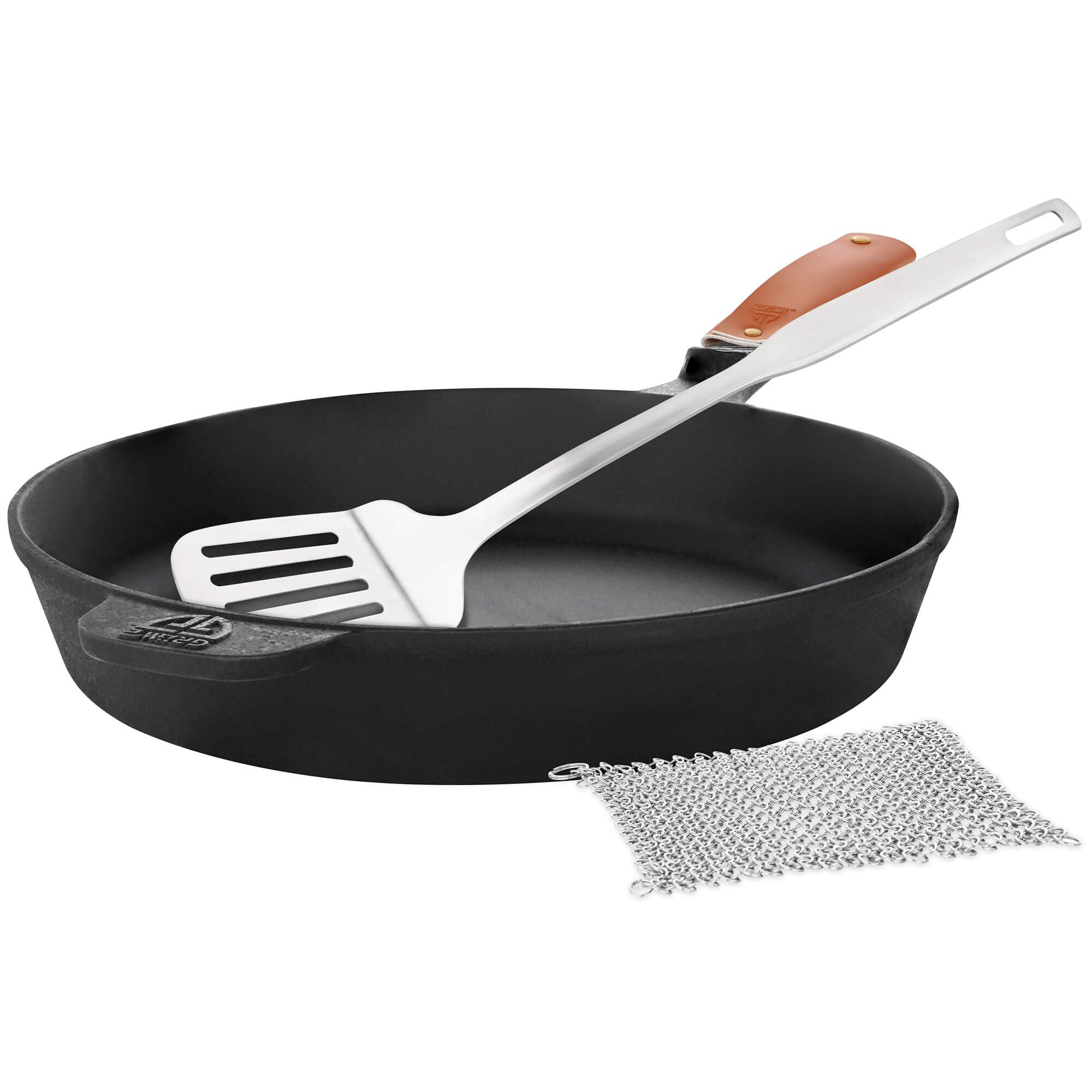 GRÄWE CI 350 - Sartén De Hierro Fundido De 32 Cm De Diámetro, Sartén De Hierro Fundido, Juego De Sartenes Con Espátula, Protector De Mango (cuero Auténtico), Limpiador De Anillos, Sartén Para