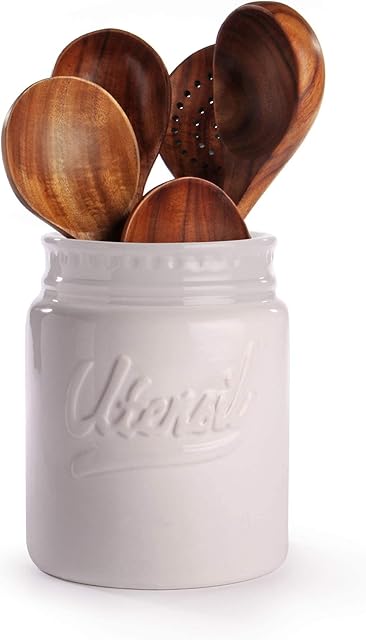 Vintage Mason Jar Utensil Holder White | Decorative Kitchenware Organiser | Spatulas, Whisks & Spoons Storage | Ceramic Chip-Resistant Holder | M&W