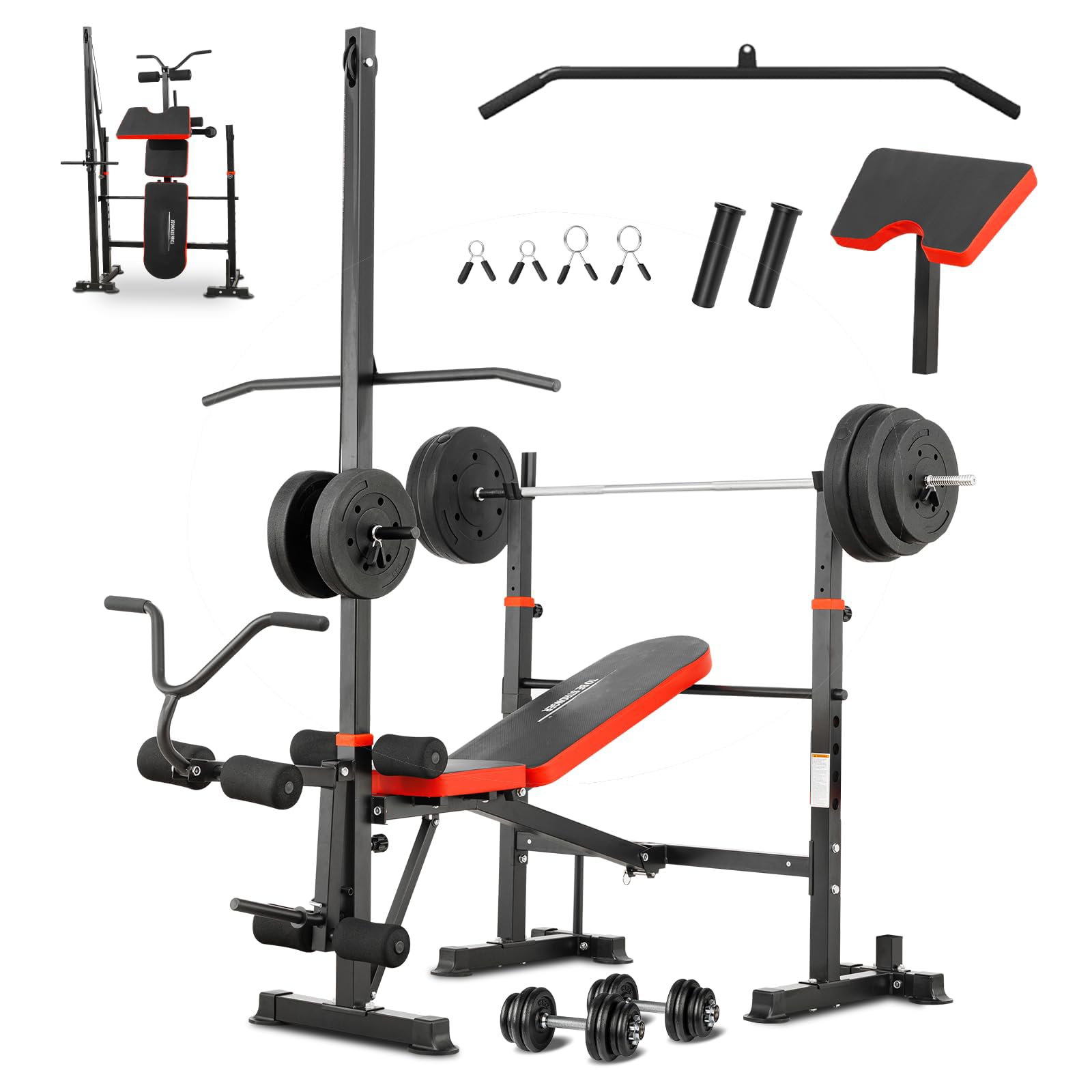 MAIDOMA Foldable 1500LBS Capacity 8 IN 1 Weight Bench Set with Leg Extension/Squat Rack/Preacher Curl, Adjustable Bench Press for Home Gym Full Body Workout (US Stock)