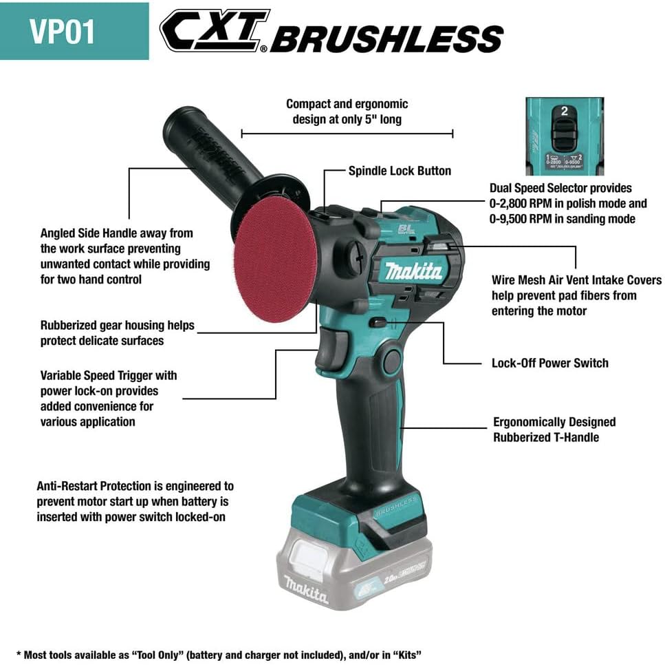 Makita VP01Z 12V max CXT® Lithium‑Ion Brushless 3" Polisher / 2" Sander, Tool Only