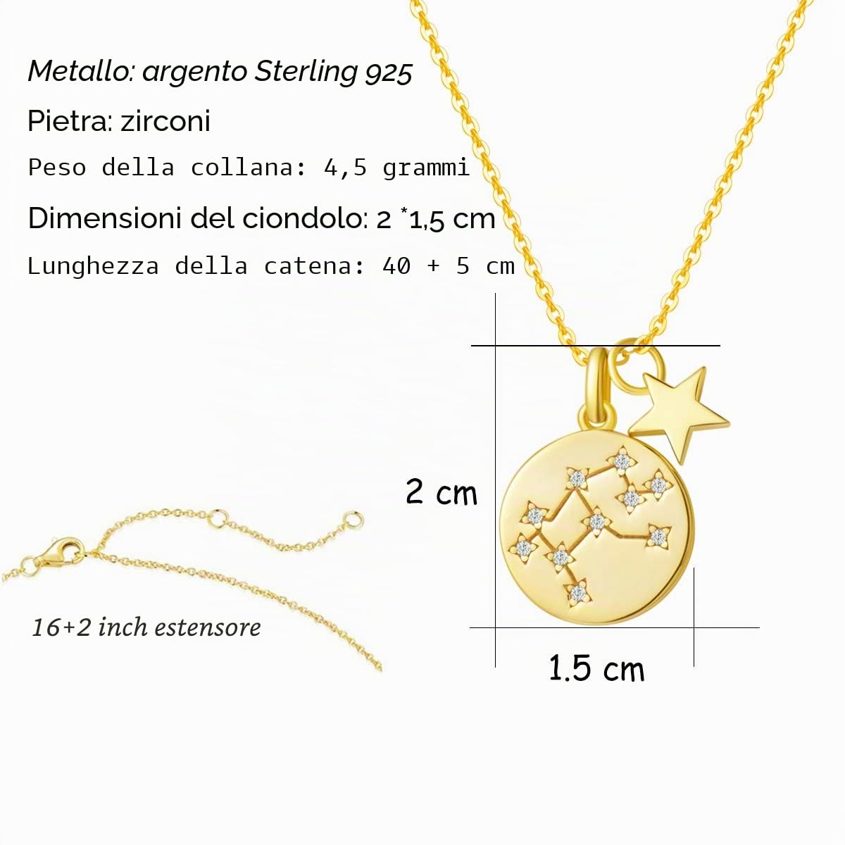 FANCIME Astrology Oroscopo Segno Zodiacale 12 Costellazione Ciondolo Collana in Argento Sterling 925 Placcato Oro Gioielli per Donna Ragazze Bambini - Catena Lunghezza: 40 + 5 cm