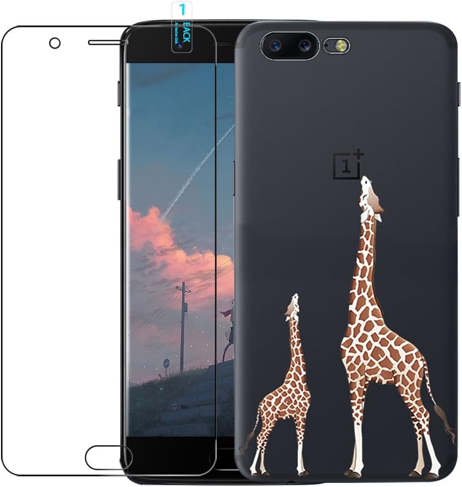 Oneplus 5 Case with Tempered Glass Screen Protector, Blossom01 Ultra Thin Soft Gel TPU Silicone Case Cover with Cute Cartoon for Oneplus 5 - Giraffe