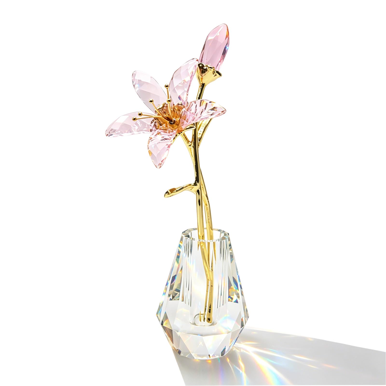 Hoypeyfiy Kristall-Lilienblume Floralfigur Figur Sammlerstücke für Frauen, Glas-Pink-Lilie mit Kristallvase und Metallstiel, ideal für Heim-, Hochzeits- und Partydekoration