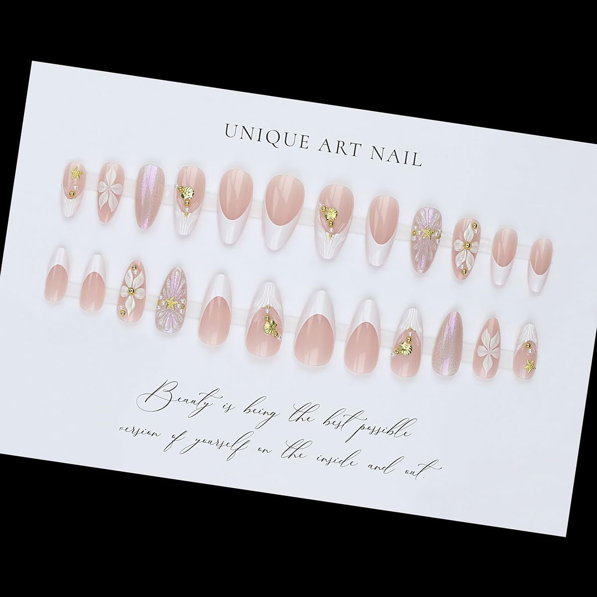 French Tip Almond Press On Nails With 3d Gild Cross Charms Kit_voghion.com