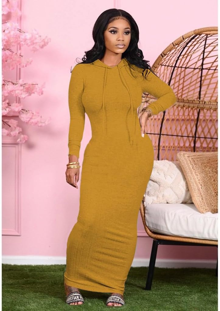 Long Sleeve Bodycon Maxi Dress for Women One Piece Hoodie Sweatshirt Dresses - Image 3