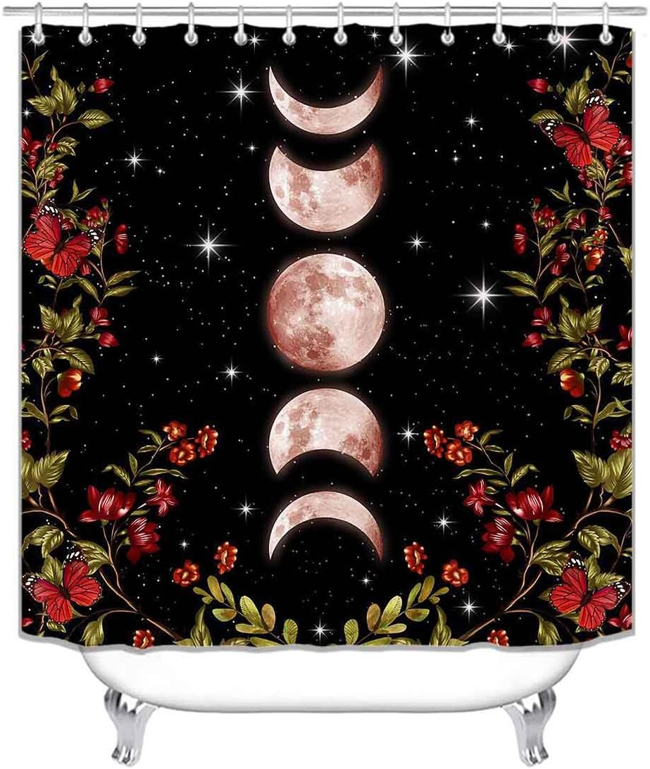 4PCS Moon Phase Shower Curtain Sets with Rugs, Waterproof Fabric Black Shower Curtain Galaxy Star Red Floral Wildflower Butterfly Green Plant Mystic Celestial Boho Gothic Witchy Bathroom Decor