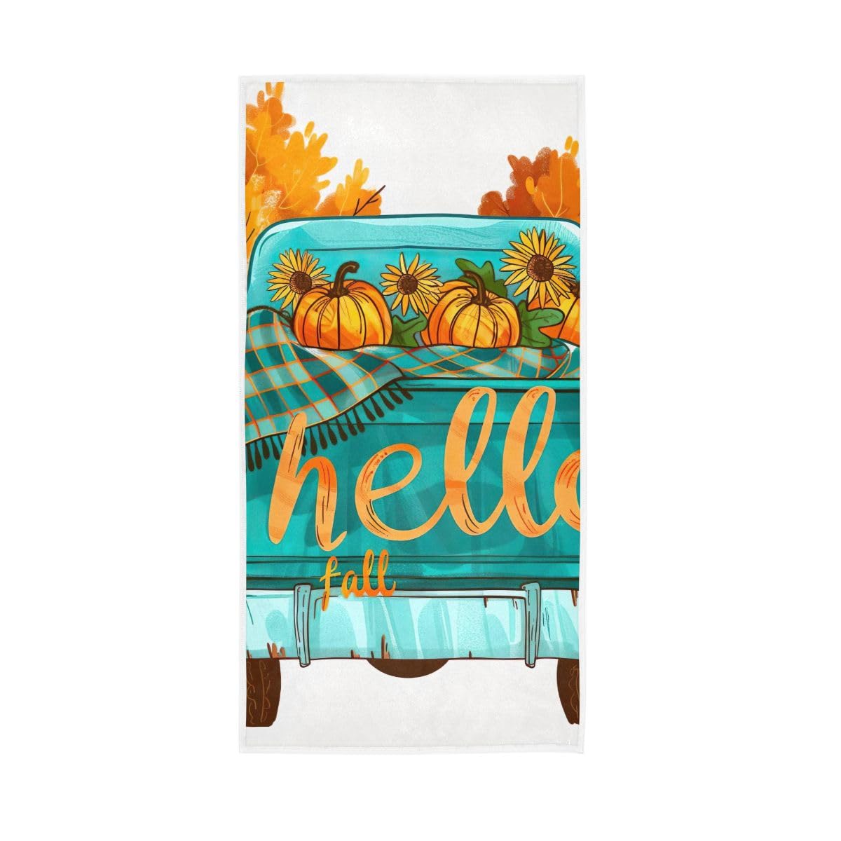 HUYGD Hello Fall Teal Truck Hand Towel Cotton Absorbent Soft Decorative Towel for Bathroom 15 x 30 Inch
