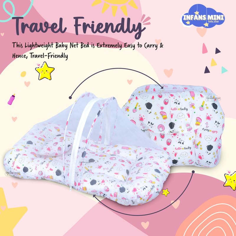 Image of Baby Bed with Mosquito and Insect Protection Net, Portable Mattress with Zip Closure & Pillow Ideal for Babies from 0-6 Months-Unisex (Panda Pink)