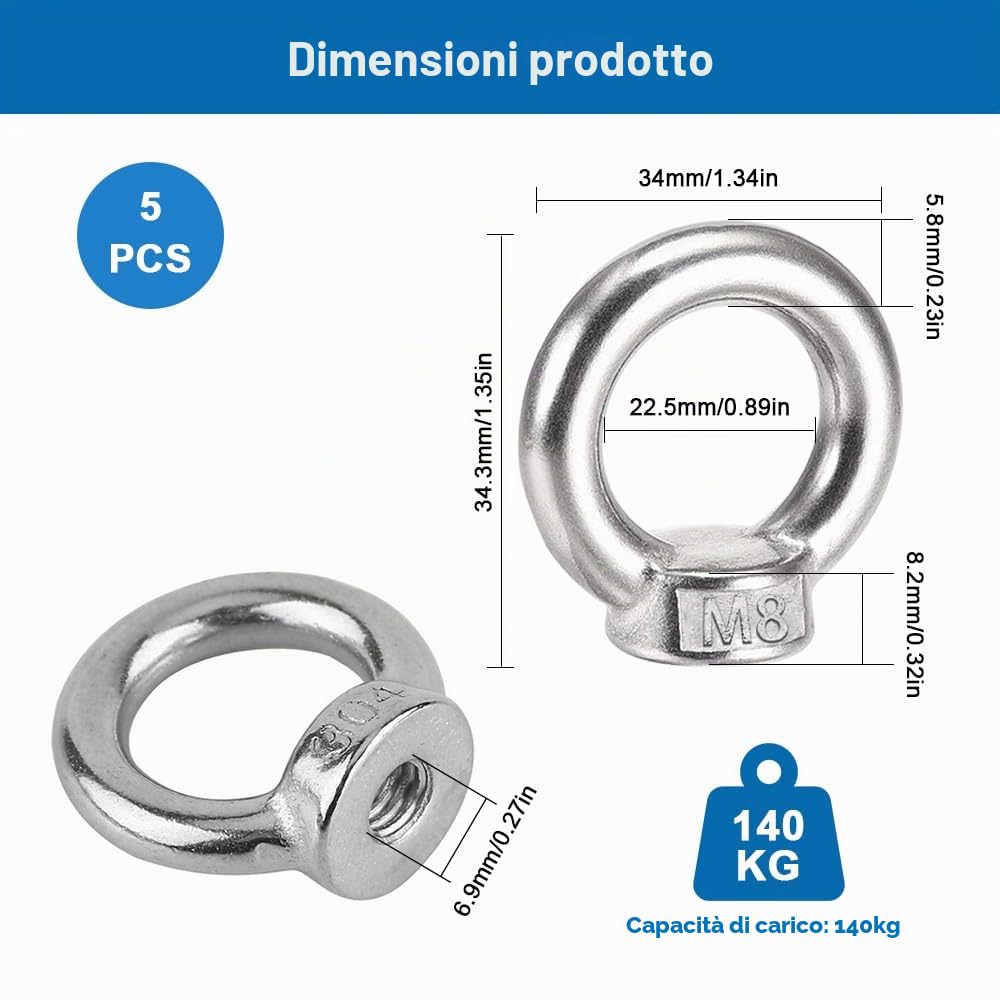 5 Pezzi M8 Dado a Occhiello in Acciaio Inox,Bullone Occhio di Sollevamento | Dado di Sollevamento in Acciaio Inossidabile 304 per Accessori di Sollevamento, Connessione e Supporto Altalena