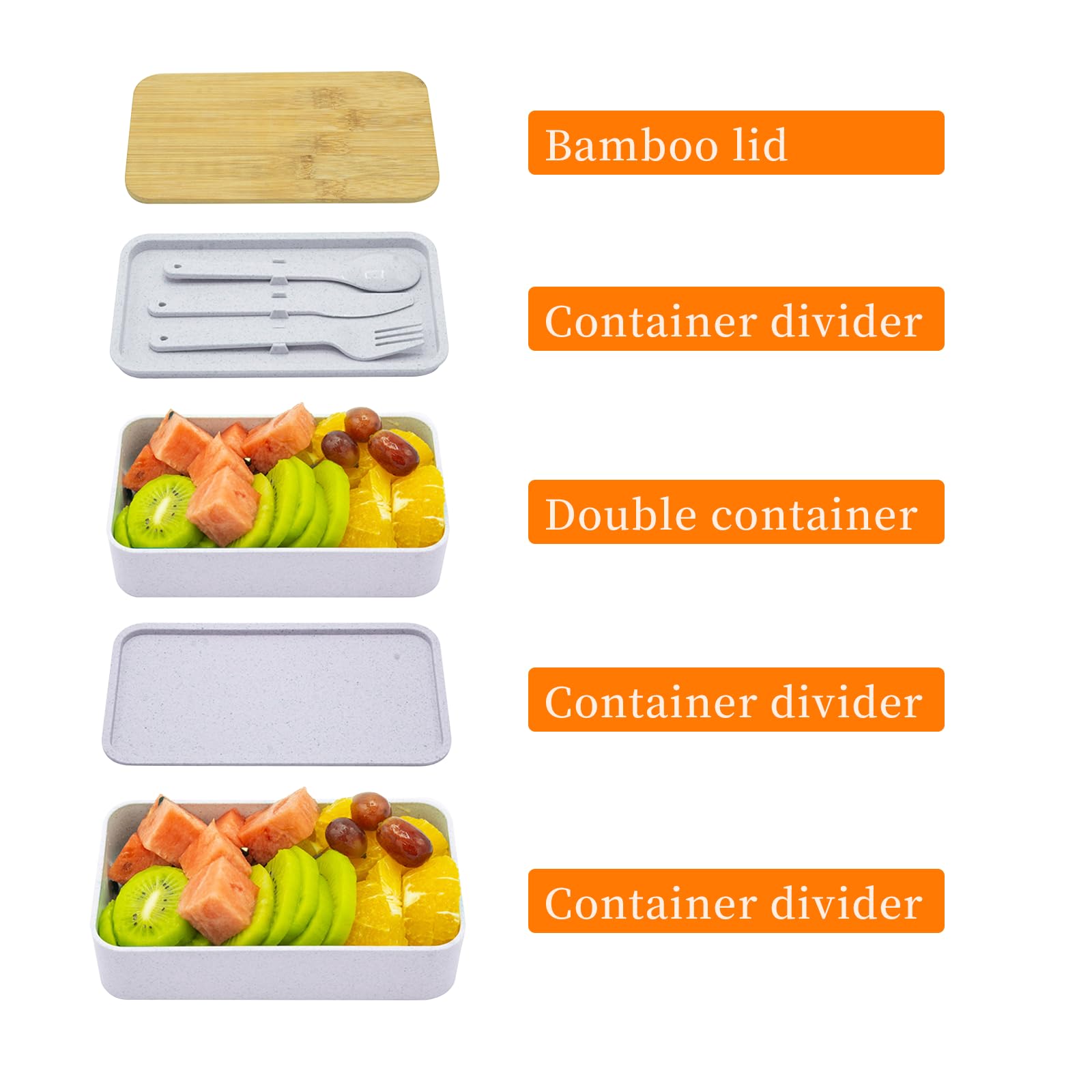 Caja Bento japonesa, lonchera de 2 capas, contenedor de almuerzo de preparación de comidas con tapa de tabla de cortar de bambú, bolsa, cubiertos, divisor, lonchera Bento para niños y adultos, gris
