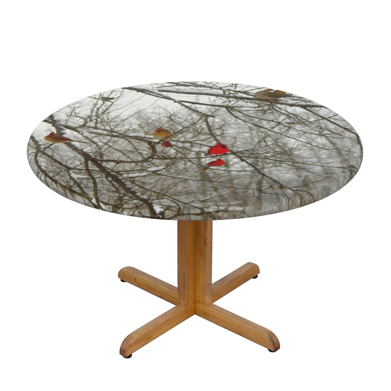 Ffshkowe Birch Trees Elastic Round Tablecloth Oil Proof Table Cover For Dining Party Picnic
