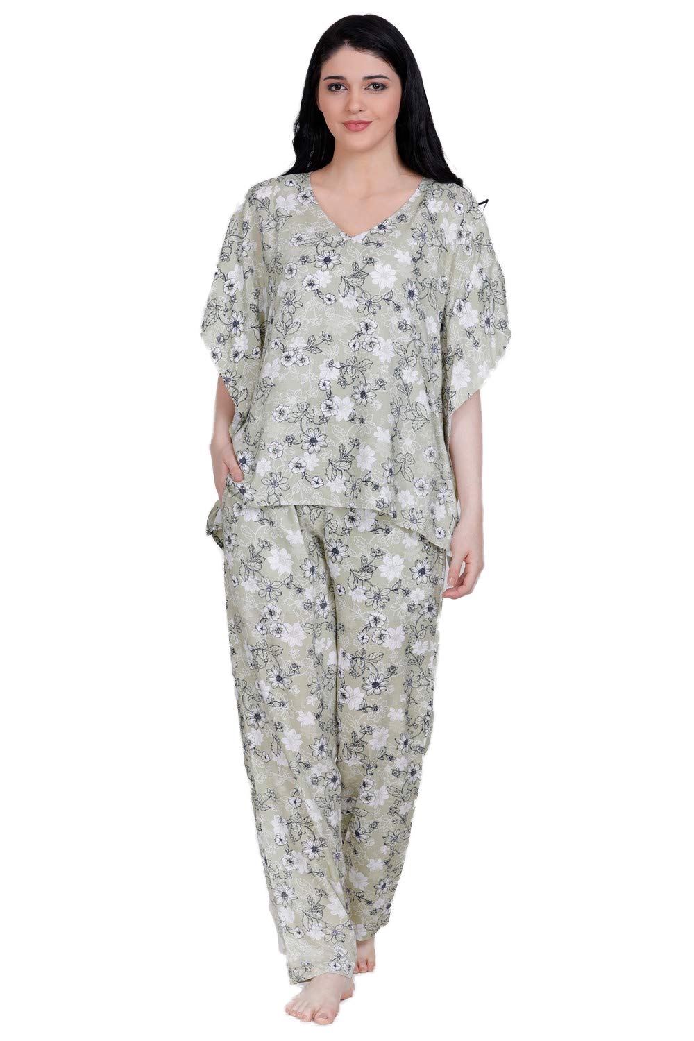 LastInch Women's Plus Size Rayon Pista Green Floral Kaftan Top & Pyjama Set (XX-Small)