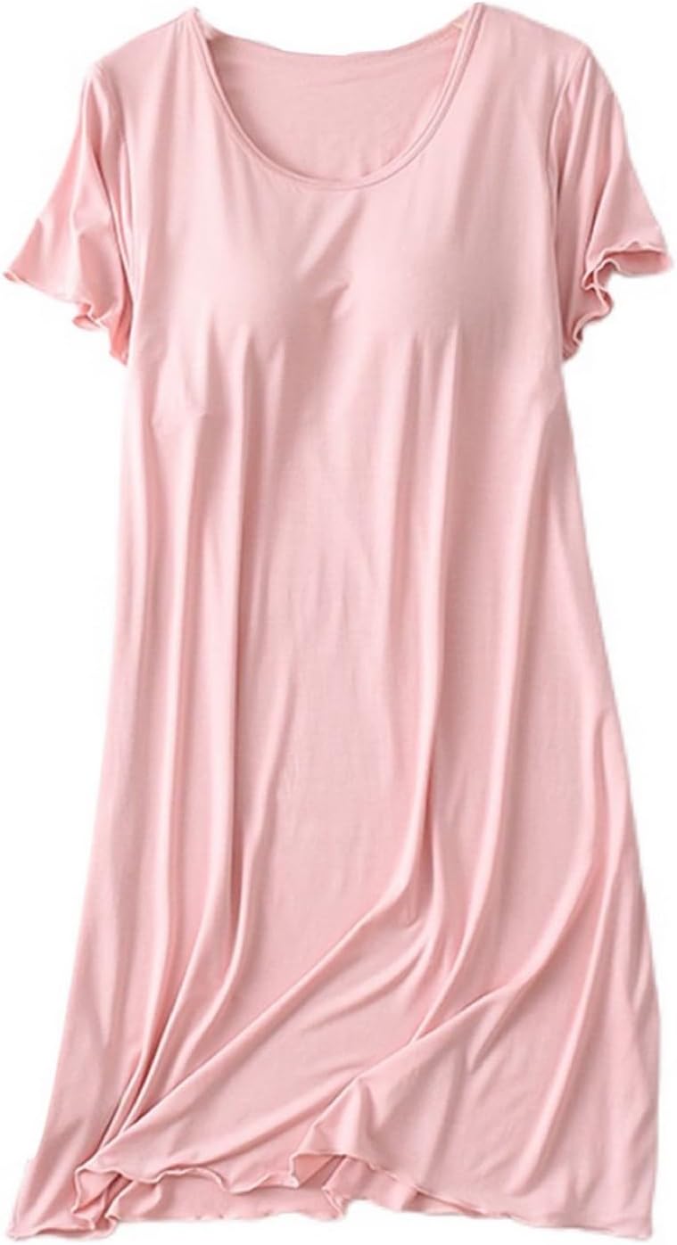 Women's Soft Nightgown Frilly Sleep Dress Summer Short Sleeve Comfy Midi Sleepwear with Built in Shelf Bra