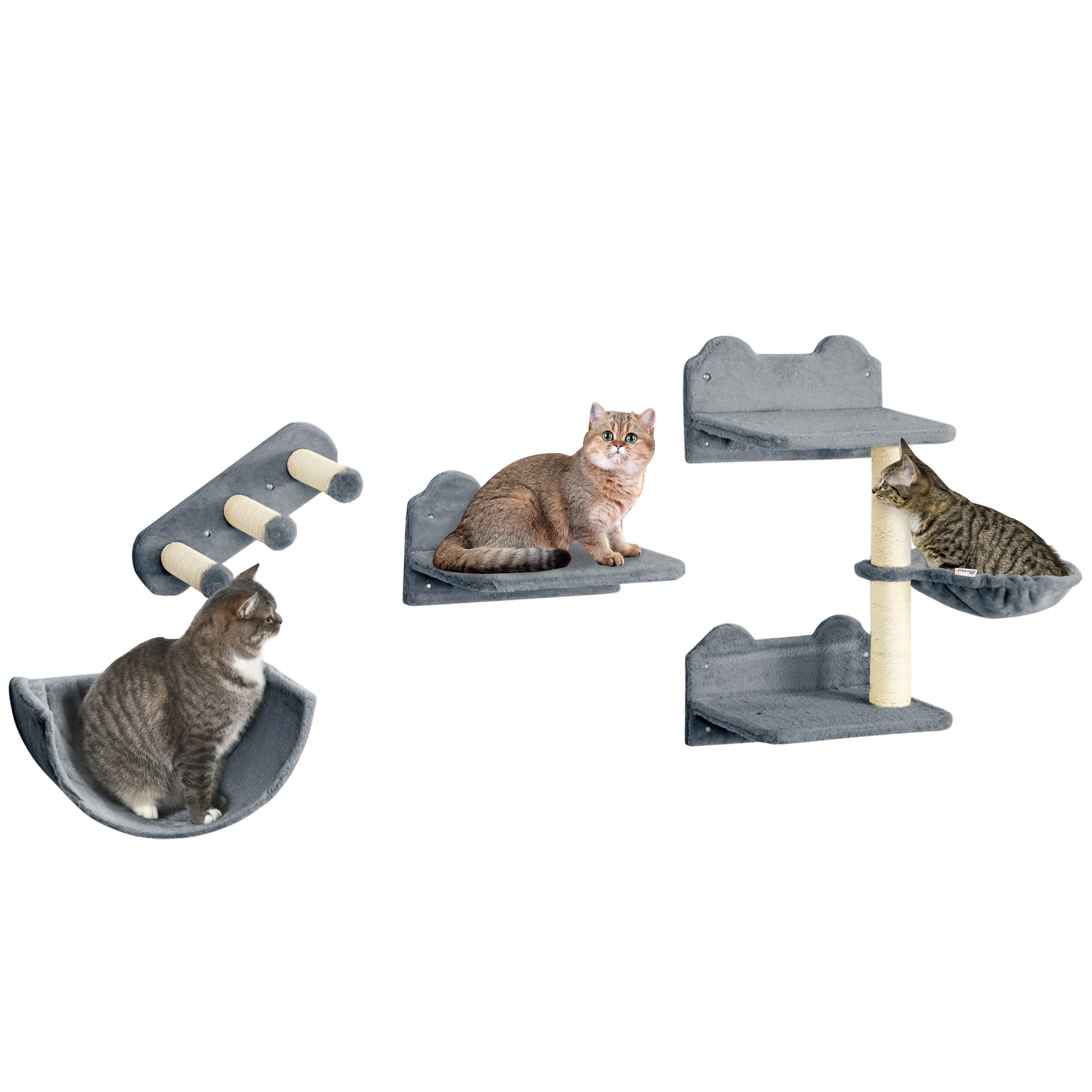 PawHut Estante de Escalada para Gatos de Pared con Hamaca 4 Piezas Gris | Juego de Estantes para Gatos, Nido Rascador, Plataformas para Saltar, Poste de Sisal