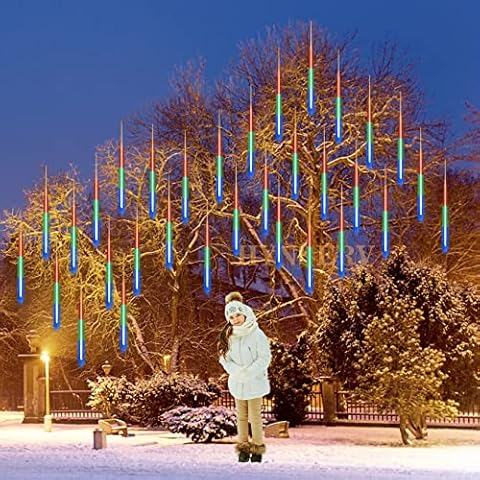 HYNSERV Christmas Meteor Lights Falling Rain Drop String Lights Waterproof 30cm 8 Tubes 192 LEDs for Outdoor Tree Garden Party Decor - Multi color Cover