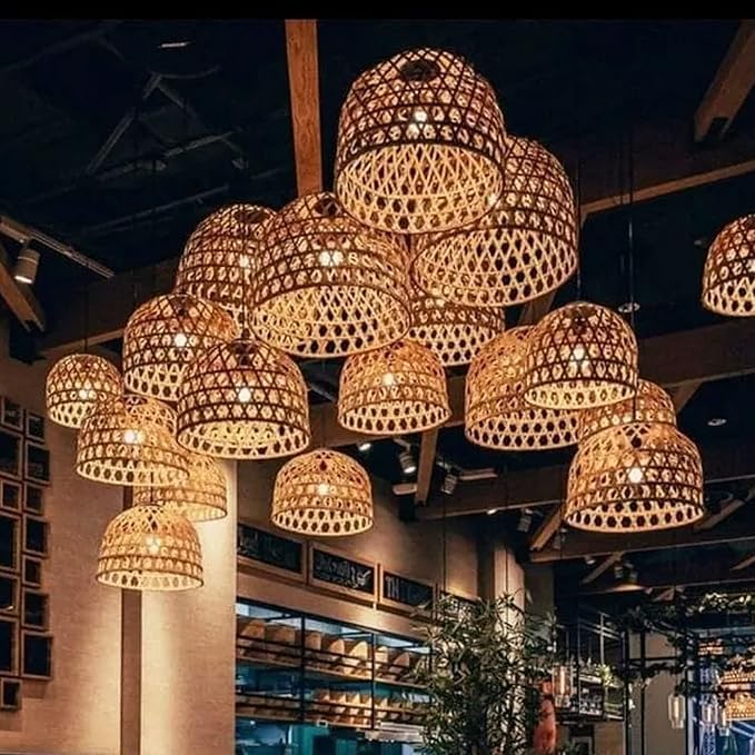 MKS Bamboo Craft Traditional Bamboo Basket Hanging Lamp with Bulb & Holder | 30x35 cm | Golden Color | Handwoven Ceiling Pendant Light for Balcony, Kitchen, Café & Home Décor | Holder and Bullp-image-14