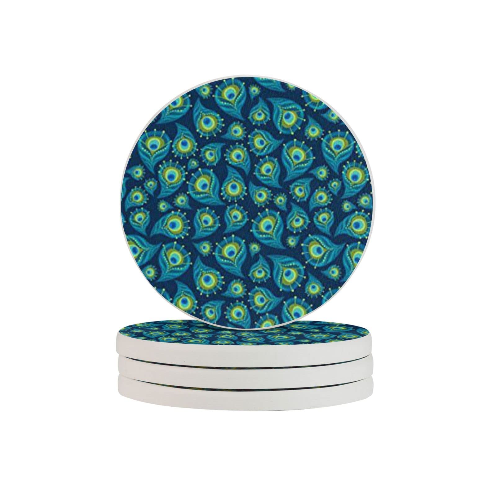 Peacock Feather Four Pieces Drink Coaster for Tabletop Protection Place Mats for Home Decor