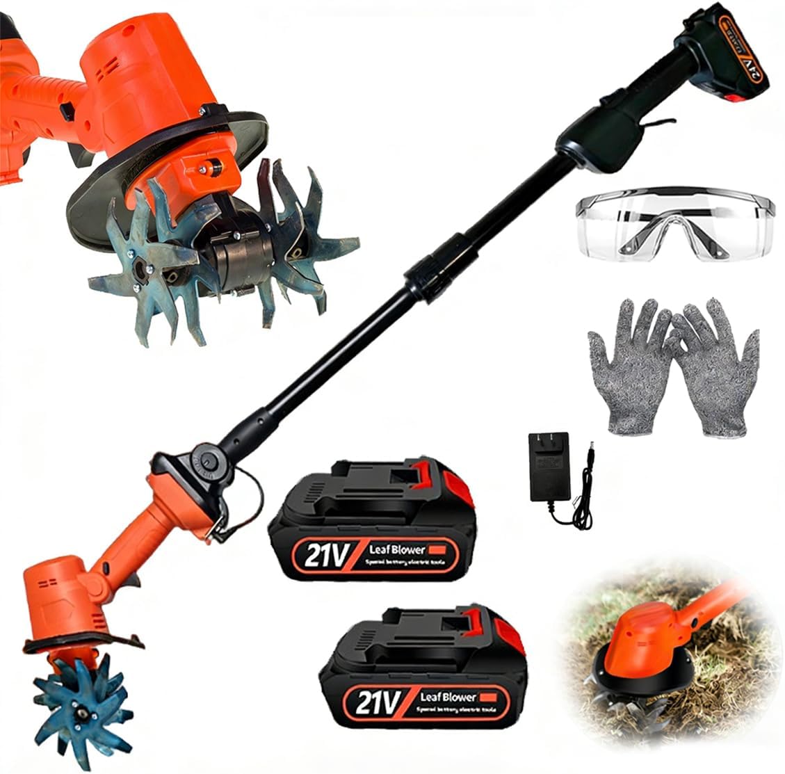 21V Cordless Tiller for Gardening, 360 RPM Electric Garden Tiller, 2-in-1 Powered Mini Cultivator with 2×2.0Ah Batteries & Charger, 5" Tilling Width, 4" Depth, for Lawn/Soil Cultivation (with Pole)