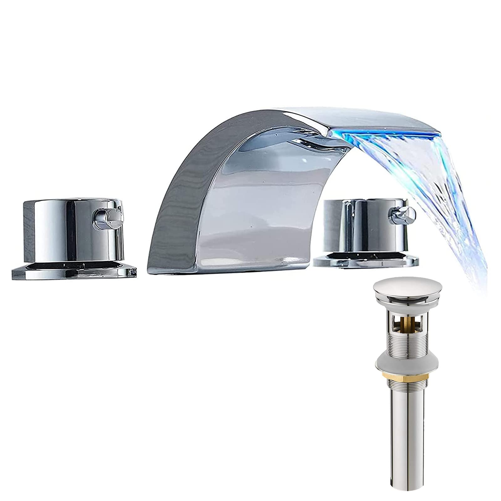 Chrome LED Widespread Bathroom Faucet Waterfall for Sink 3 Hole 8-Inch 2-Handle Lavatory Vanity with Pop Up Drain with Overflow