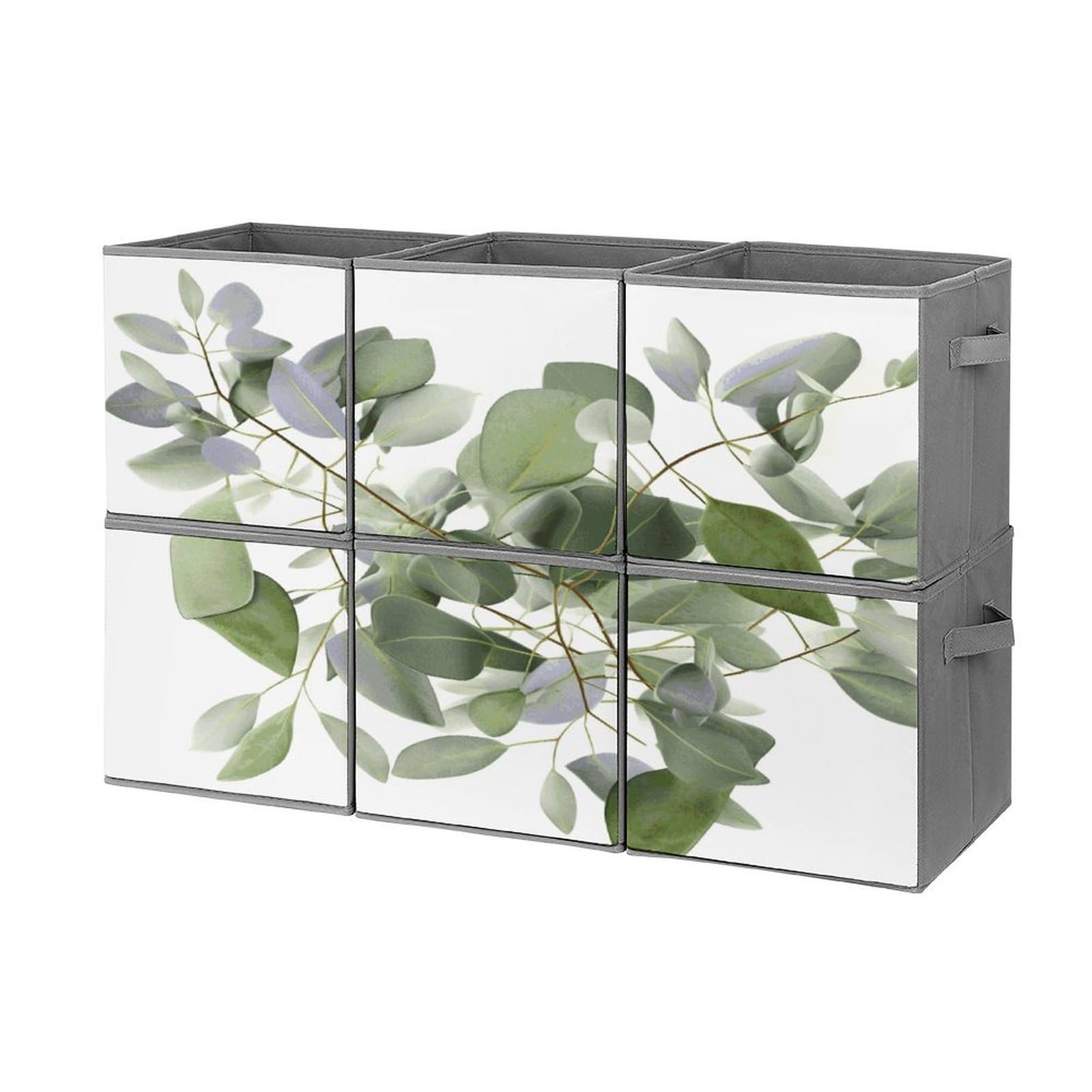 Fekiloot Style Green Eucalyptus Leaves Storage Bin For Foldable And Handles,Closet Organizer Of 6-Pack Stackable,Storage Box For Living,Room, Office,Bedroom,Closet