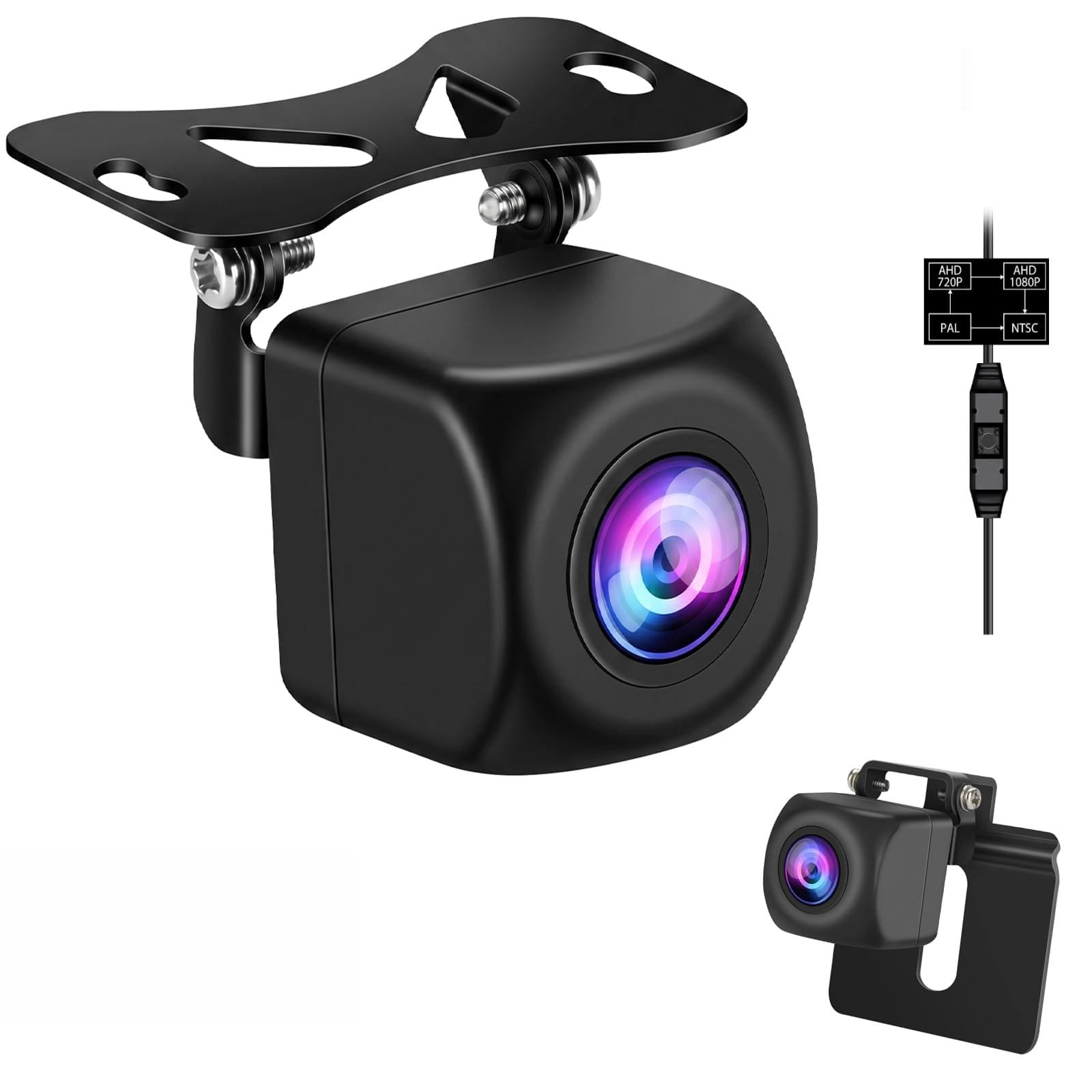 Camara Marcha Atras Coche con AHD 720P/1080P/NTSC/PAL Soporte sin Taladrar | No perforar, Puede Usarse Como Cámara Frontal/Trasera, Gran Angular de 170°, Resistente al Agua IP69, Alimentación de 12-24V