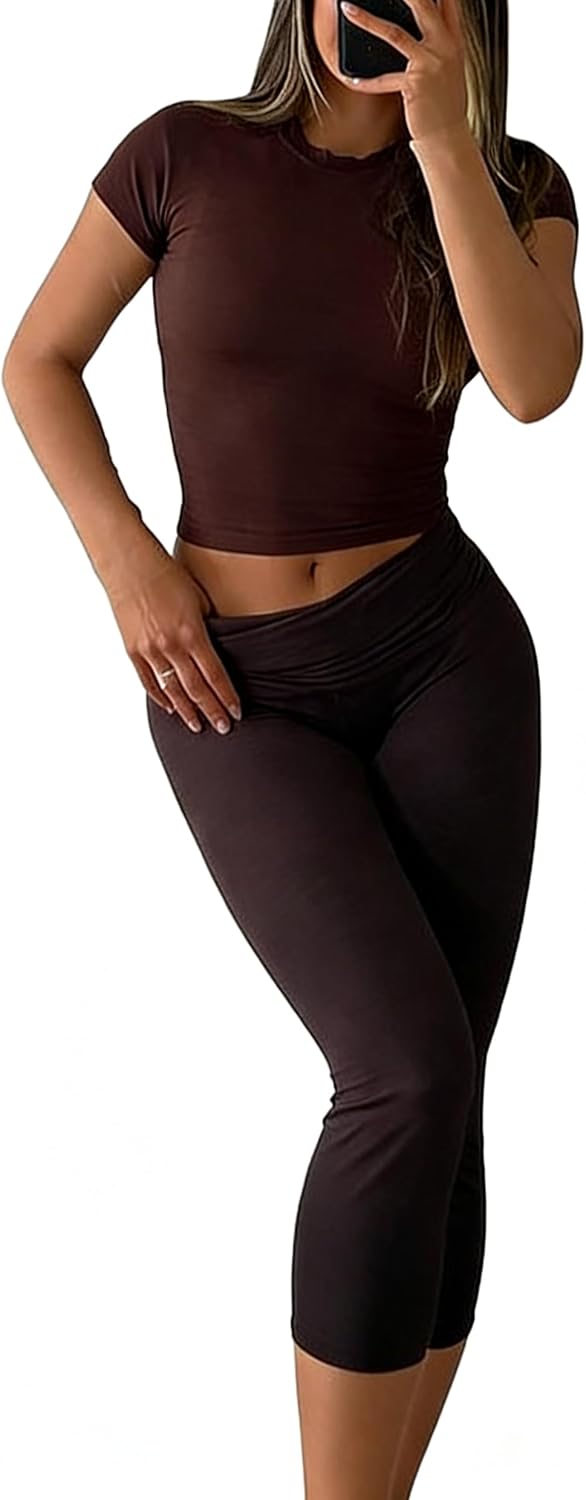Women's 2-Piece Activewear Set Fitted Short-Sleeve Crop Top & Capri Leggings Stretchy Soft Fabric for Yoga Gym Lounge