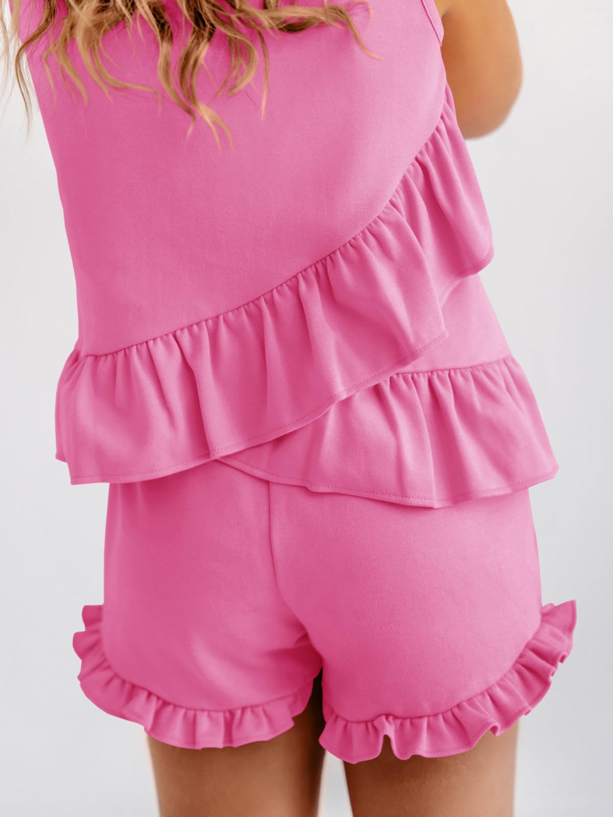 Haloumoning Niñas Conjuntos de ropa de verano con volantes, camisetas sin mangas con pantalones cortos, monocolor, ropa linda, conjuntos de ropa informal, de dos piezas — view 3