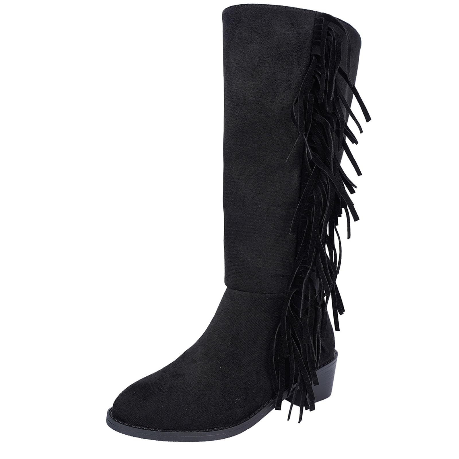 Stivali western da donna, eleganti, tinta unita, con frange, stile retrò, in pelle scamosciata, con tacco a blocco, stivaletti invernali