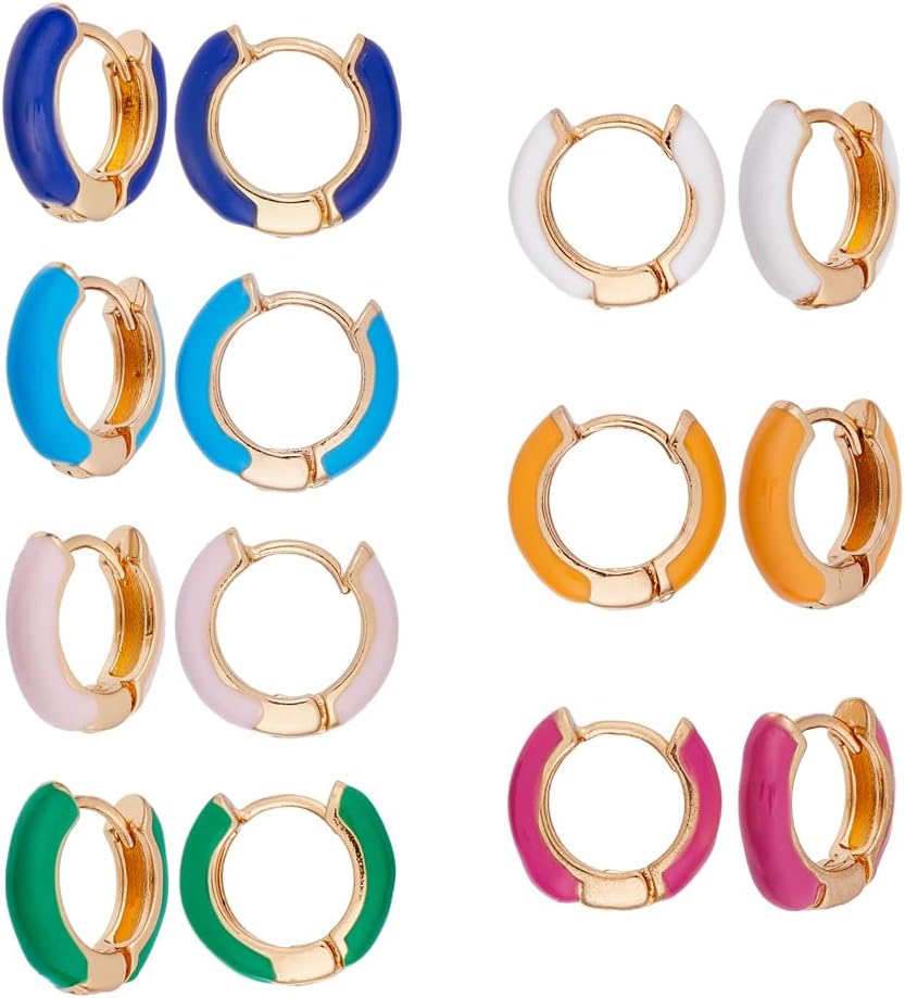 DICOSMETIC 7 Pairs 7 Colors Huggie Hoop Earrings Alloy Enamel Hoop Earrings 14x4mm White Pink Orage Blue Purple Small Huggie Hoops Set for Women Ladies Jewelry
