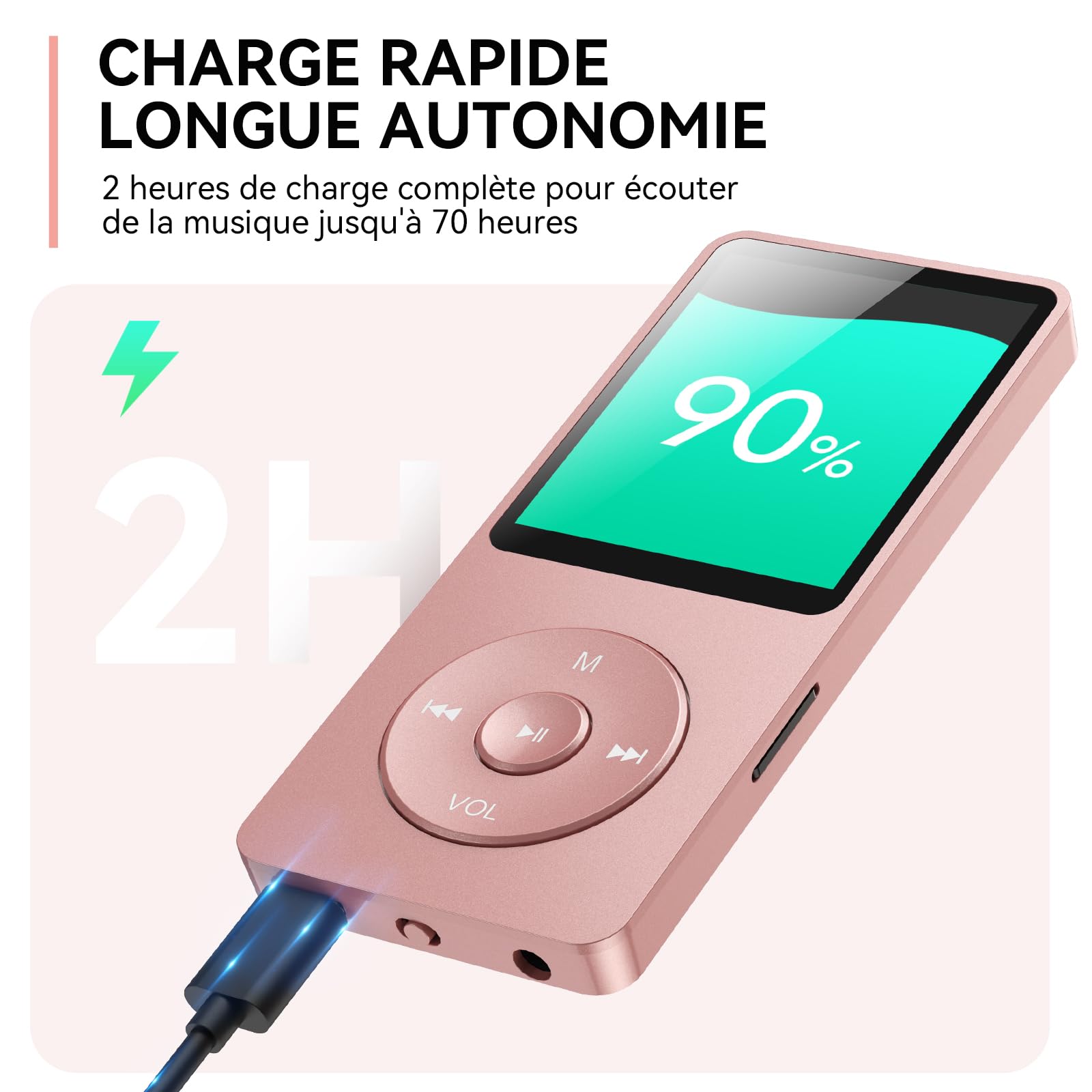 AGPTEK Lecteur MP3 Classique 64Go, Autonomie 70 Heures, Léger 30g, Hi-Fi, Baladeur Sport Enfant Adulte, Carte TF 128G - Rose