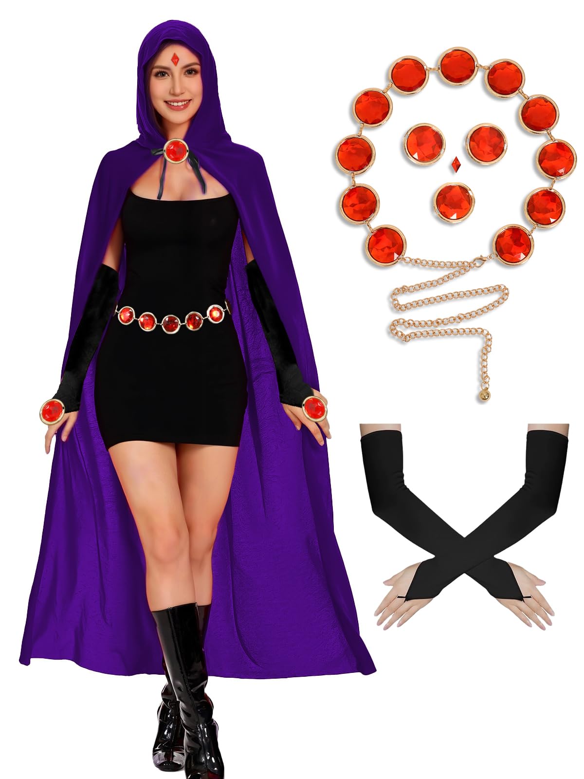 Makoike Raven Costume Women Purple Hooded Cloak Anime Witches Raven Cloak Cape Belt Gloves Red Gem Halloween Costume Carnival Props