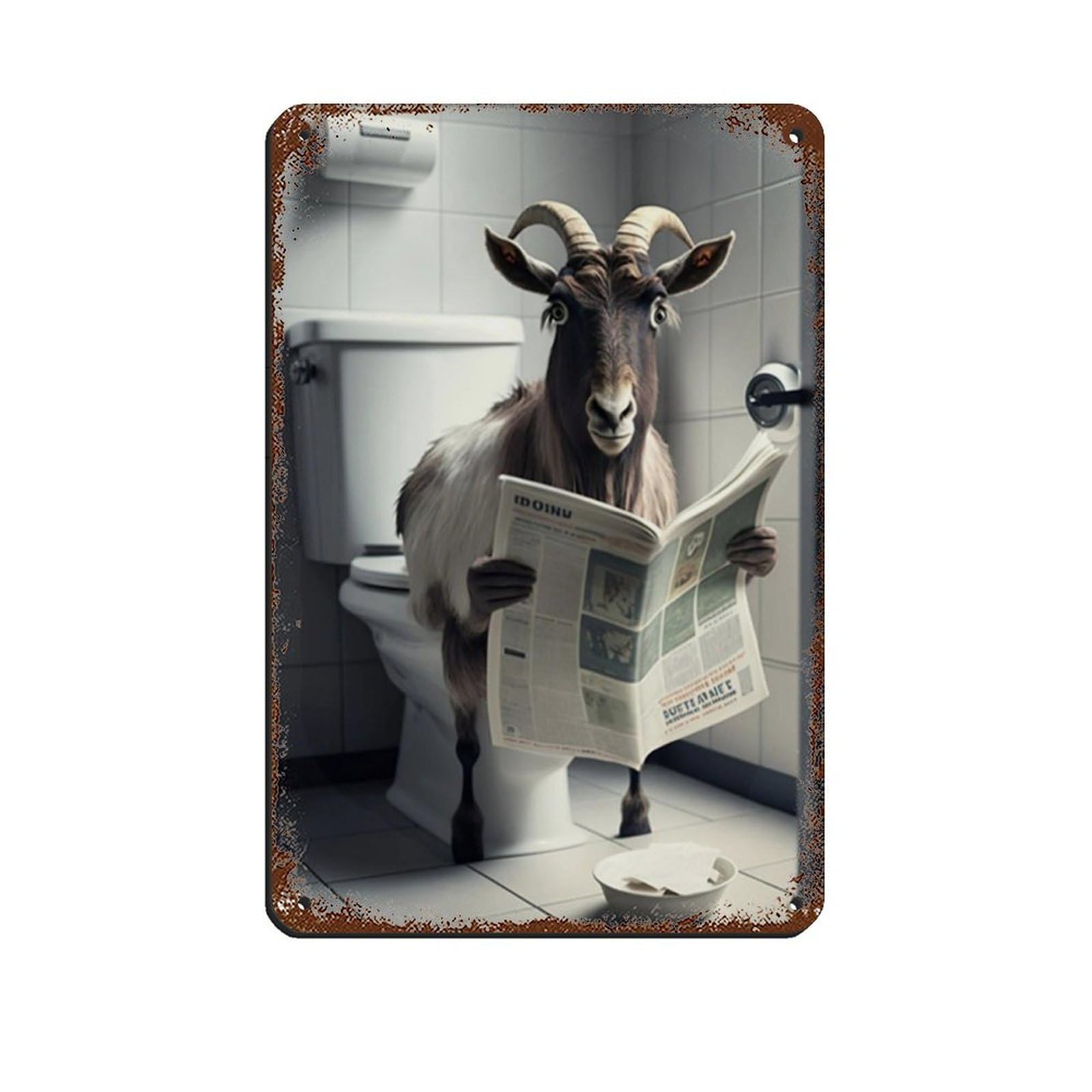 Goat Sitting on The Toilet Reading A Newspaper Tin Sign Vintage Metal Pub Club Cafe Bar Home Wall Art Decoration Poster Retro 8x12inch(20x30cm)