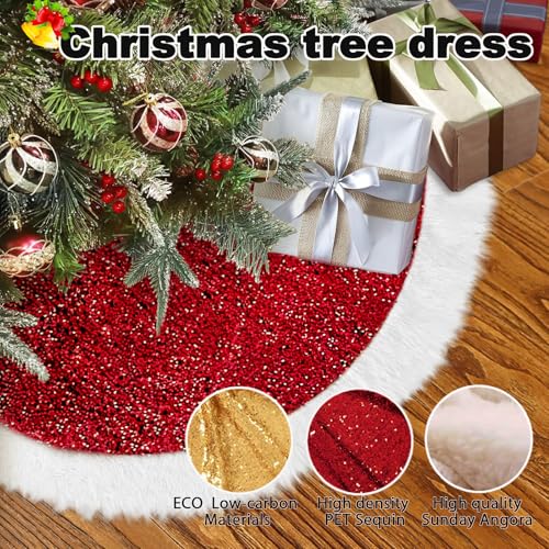 Christmas Tree Skirt, 48 inches Large Sparkling Red Sequin with White Faux Fur for Christmas Decorations Home Indoor Tree,Thick Plush Xmas Tree Skirt Decoration Set (Red)