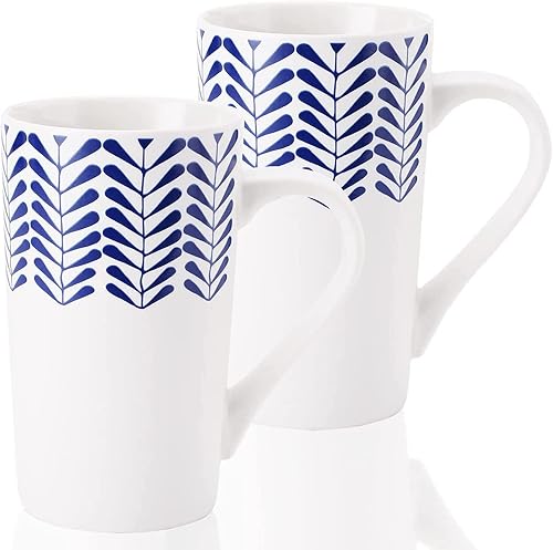 YouPeng Juego de tazas de café grandes, tazas de cerámica con mango grande, taza de café alta para hombres o mujeres con patrón pintado a mano azul,