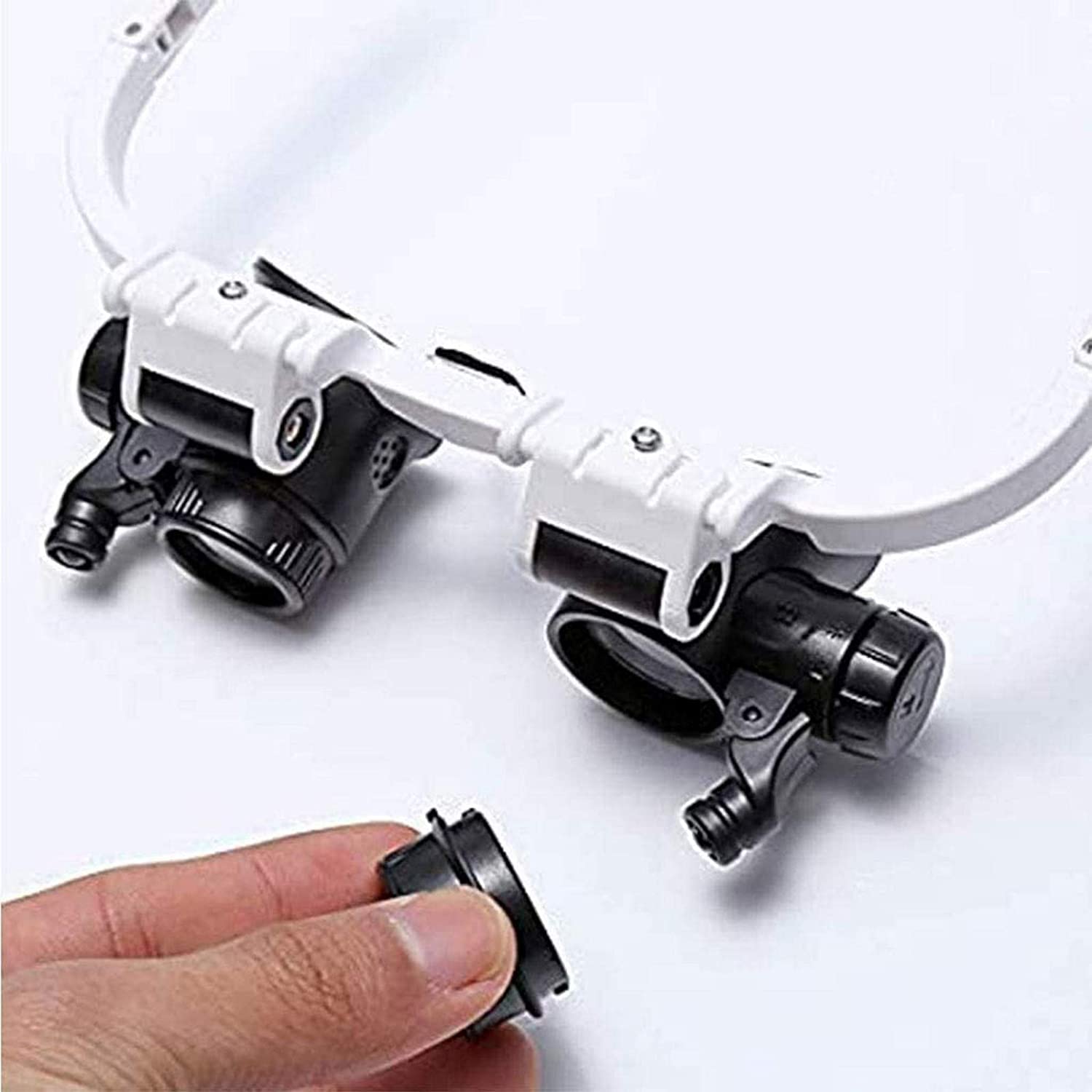 Lupa de Diadema Manos Libres con luz LED, Lupa con 2 Luces LED, Lentes Intercambiables 8X, 15X y 23X, para relojero, joyería, Lente óptica, Lupa de Cristal, Reloj.