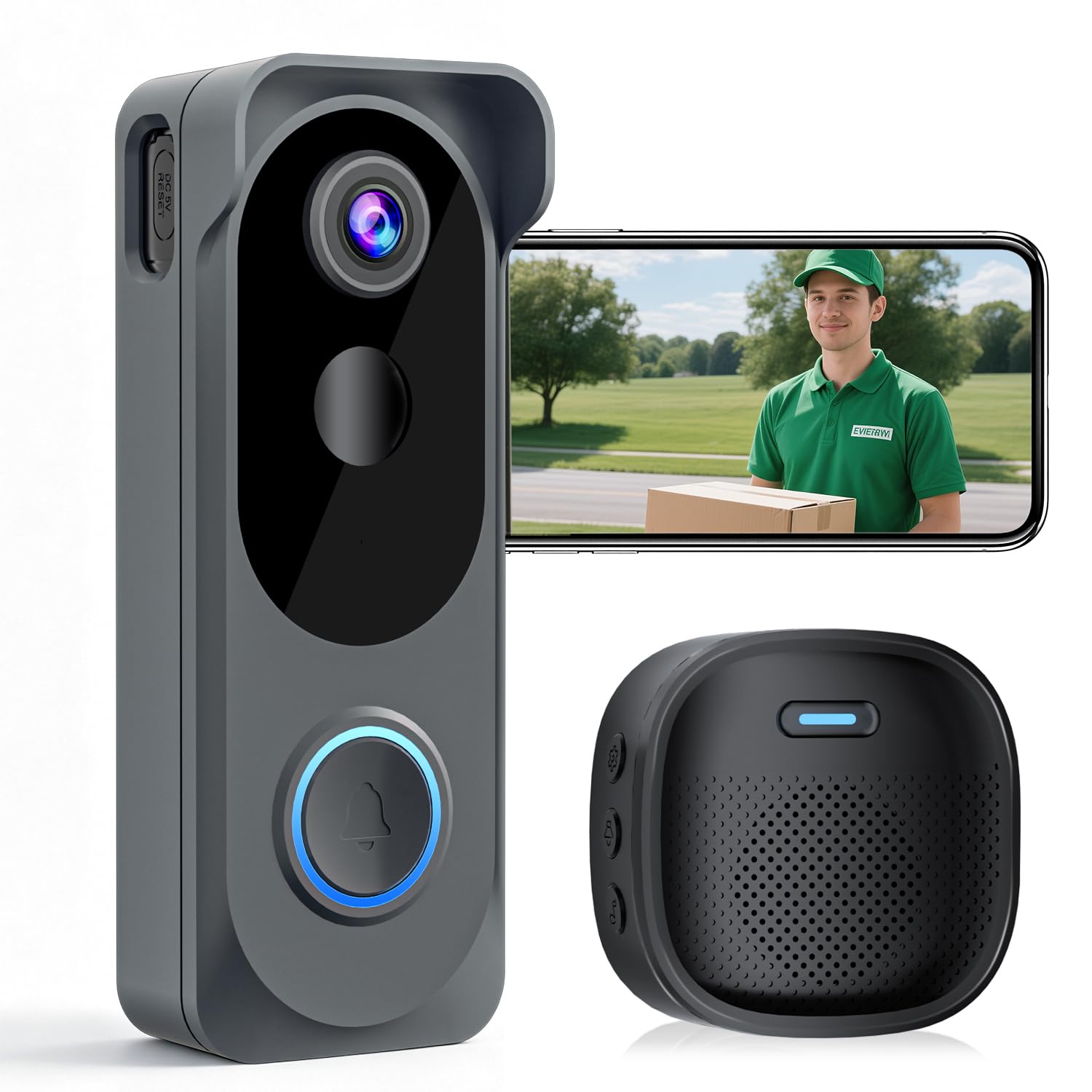Videocitofono wireless 2K HD, con rilevamento del movimento PIR, alimentazione a batteria, avvisi istantanei, audio a 2 vie, visione notturna, WiFi 2.4G, IP66, scheda SD/archiviazione cloud, funziona