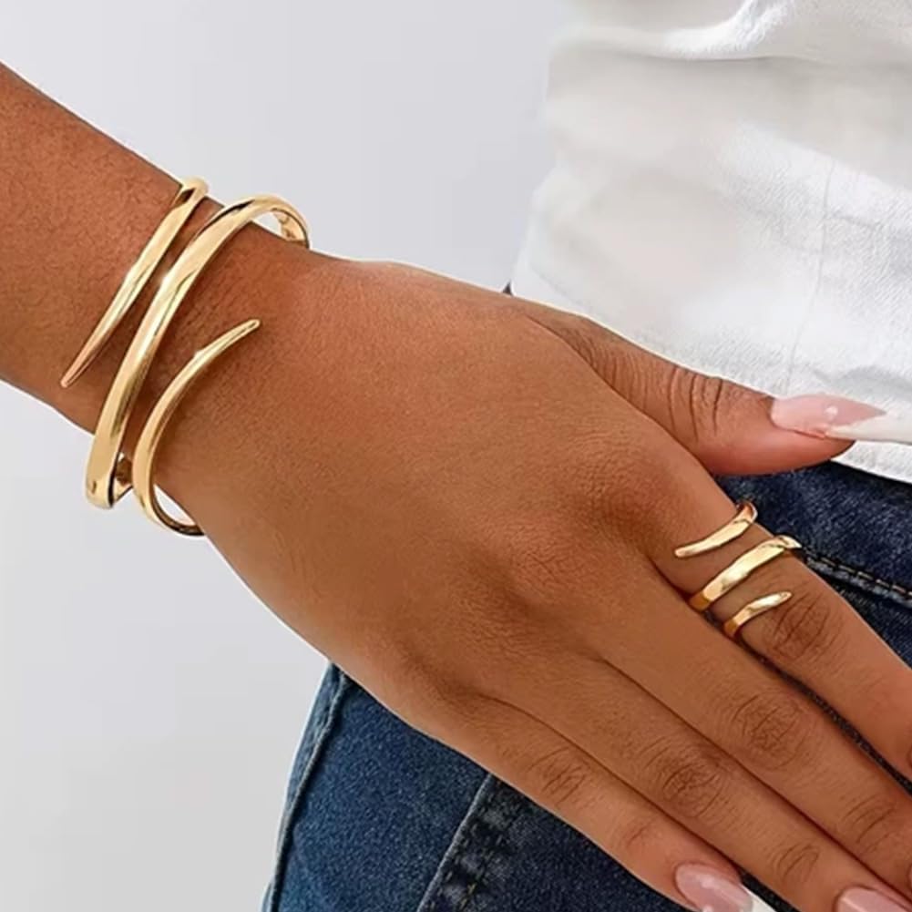 Gold Chunky Statement Cuff Snake Bracelet Rings Sets for Women image 4