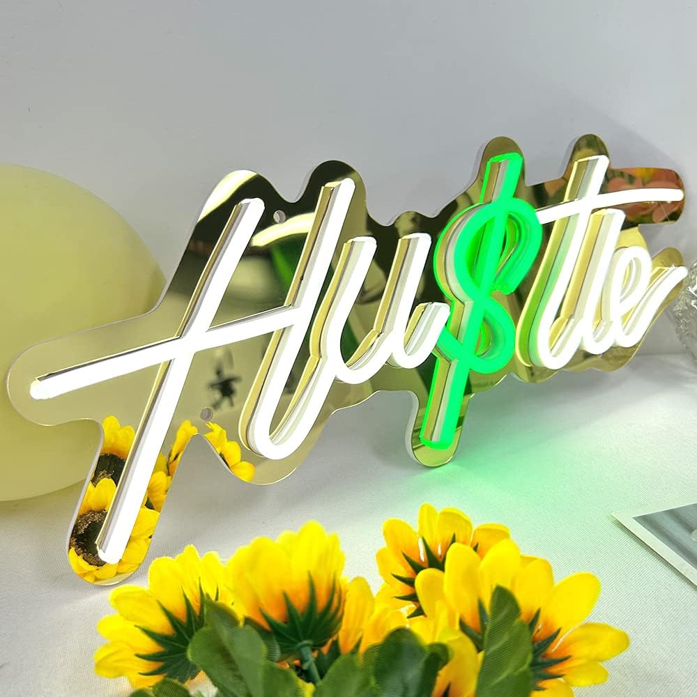 Hustle Neon Signs with Dimmer for Wall Decor, Dollar Sign Fluorescent Light by 5V USB Power, Gold Led Hustle Neon Sign for Bedroom Office,Shop Size 17x7Inches, White & Green Butler Neon Sign