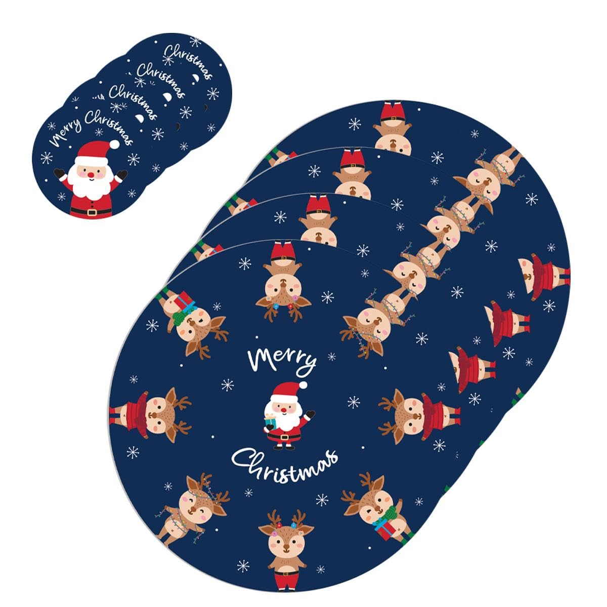 Pack of 4 Santa + Reindeer Coasters & Placemats - Kids Christmas Dinner Xmas Holiday Party Table Decorations Food Roast Drink Breakfast Lunch Afternoon Tea - Red Blue