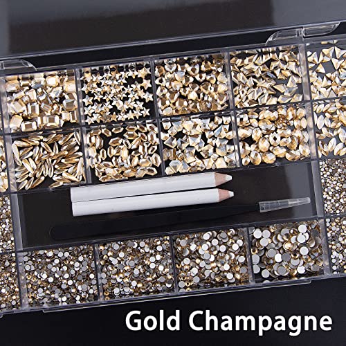 4880Pcs Gold Champagne Nail Crystals Rhinestones, Gold Nail Rhinestones Kit, Multi Shapes Size Round Gems Flatback Nail Crystals Gems Stones, Rhinestones For Nail Art Diy Accessories Crafts #TOP2